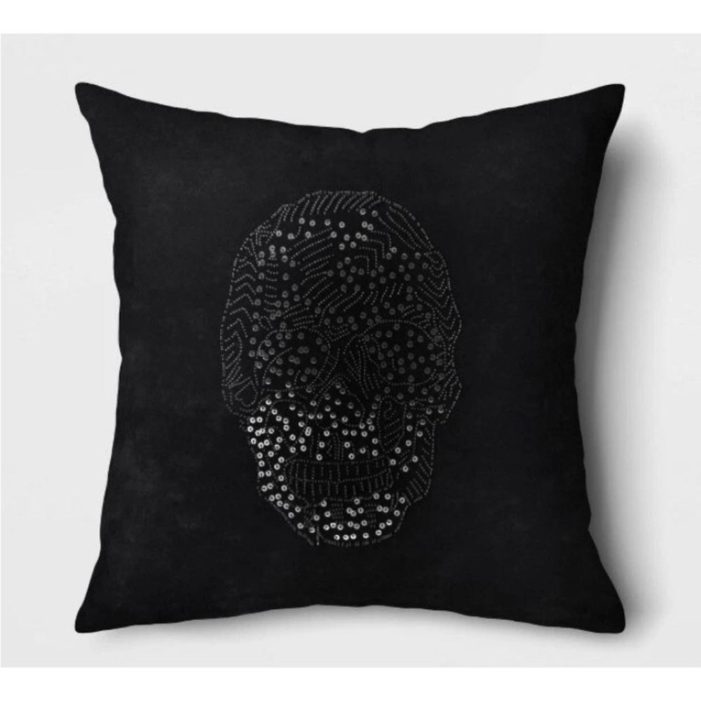 Threshold Halloween Throw Pillow Black Velvet Beaded Skull Square